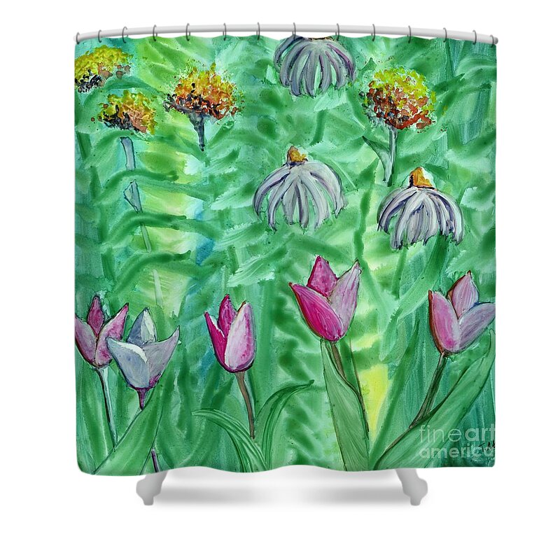 Yupo Shower Curtain featuring the painting FlowerView 5 Tulips by Tammy Nara