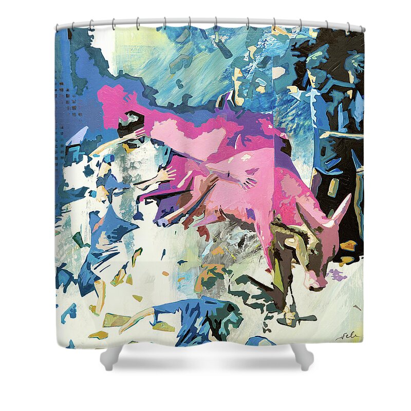 Bull Shower Curtain featuring the painting Flucht des Apis - Stier - by Uwe Fehrmann