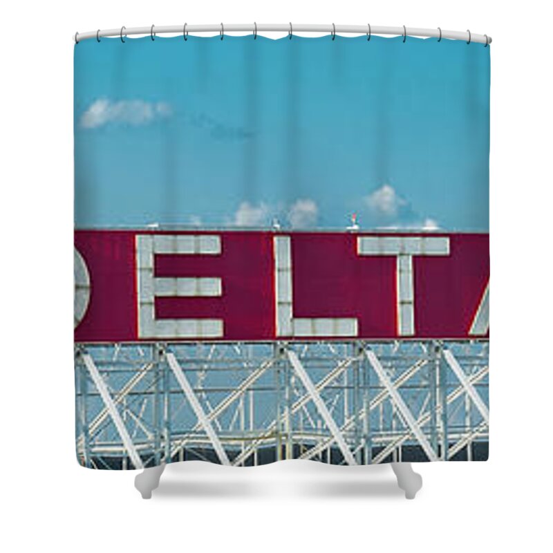 Reid Callaway Delta Air Lines Sign Images Shower Curtain featuring the photograph Fly Delta Jets Sign 2 Hartsfield-Jackson International Airport Signage Art by Reid Callaway