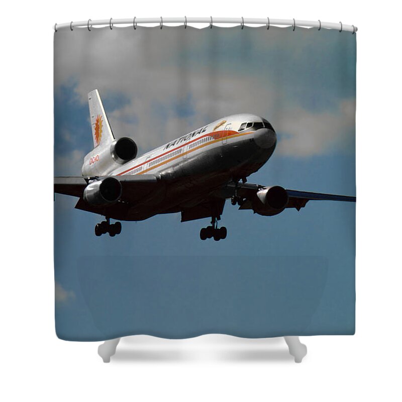 National Airlines Shower Curtain featuring the photograph Fly Me Geraldine National DC-10 at Miami by Erik Simonsen