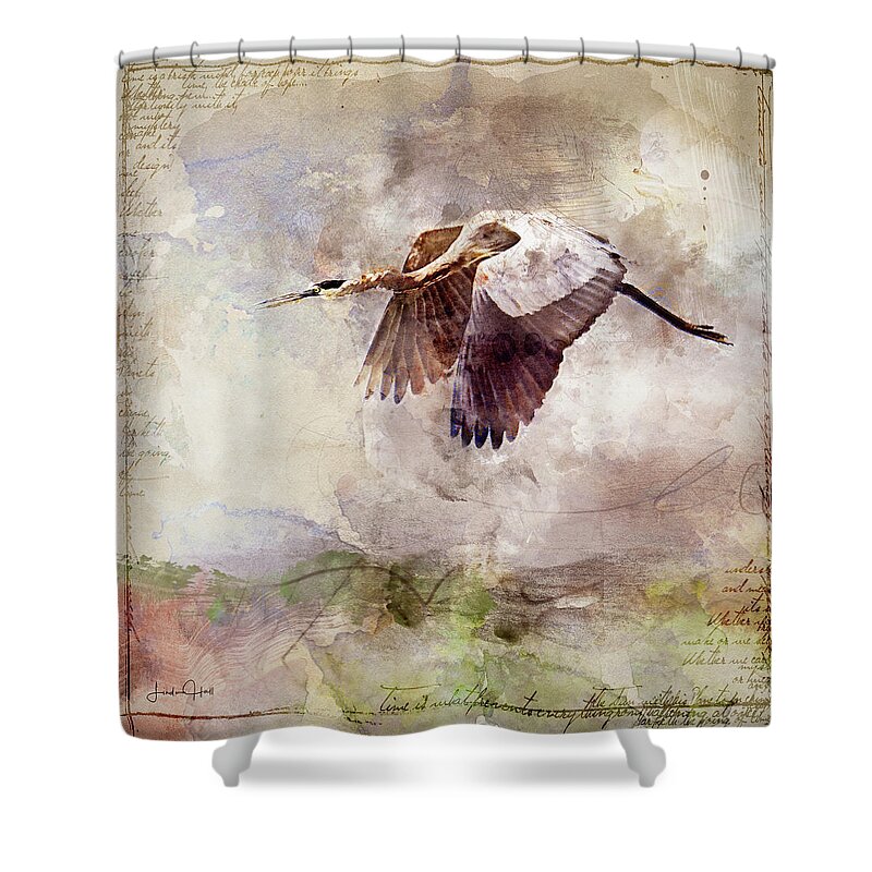 Digital Art Shower Curtain featuring the digital art Flying Heron by Linda Lee Hall