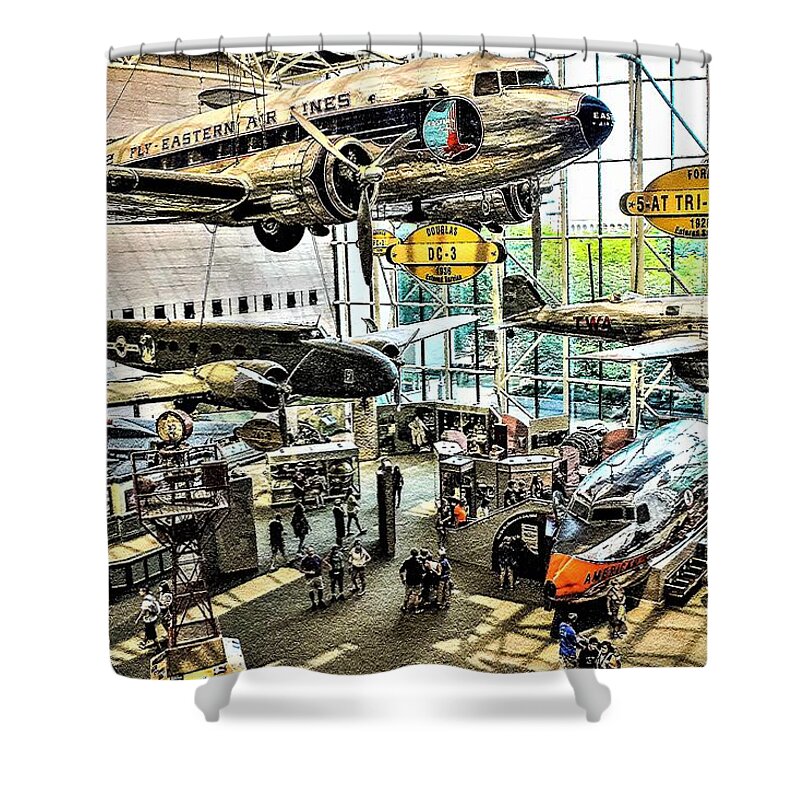 Smithsonian Shower Curtain featuring the digital art Flying History by Addison Likins