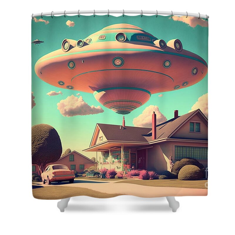Flying Shower Curtain featuring the mixed media Flying Saucer Frenzy I by Jay Schankman