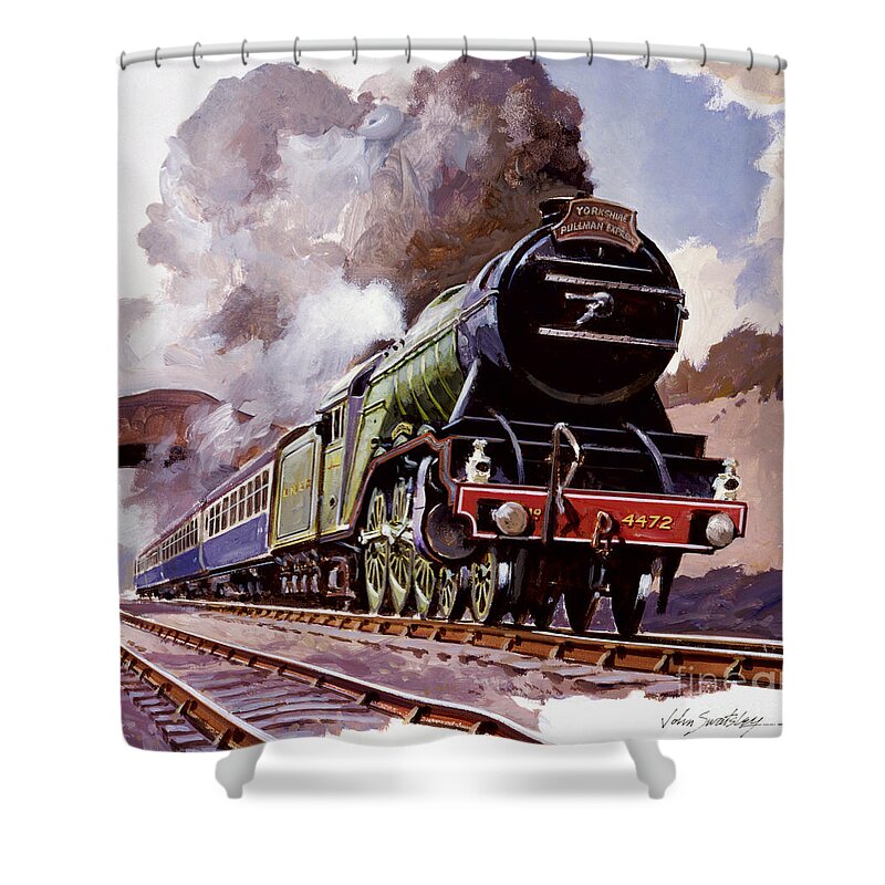 John Swatsley Shower Curtain featuring the painting Flying Scotsman Locomotive by John Swatsley