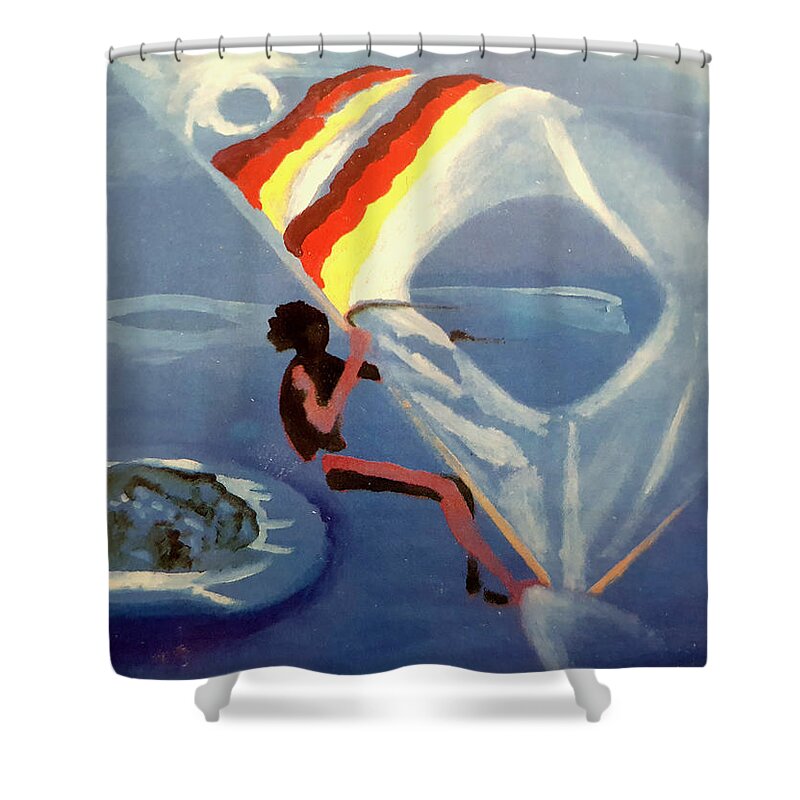 Windsurfer Shower Curtain featuring the painting Flying Windsurfer by Enrico Garff