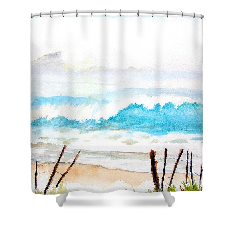 Ocean Shower Curtain featuring the painting Foggy Beach by Carlin Blahnik CarlinArtWatercolor