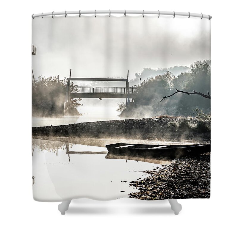 Anchor Shower Curtain featuring the photograph Foggy Landscape With Boats On River Bank And Bridge In River Danube National Park In Austria by Andreas Berthold