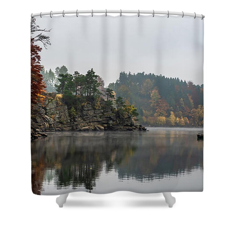 Austria Shower Curtain featuring the photograph Foggy Landscape With Fishermans Boat On Calm Lake And Autumnal Forest At Lake Ottenstein In Austria by Andreas Berthold