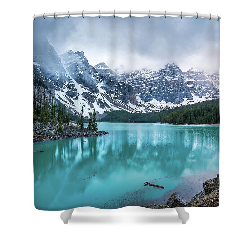 Nature Shower Curtain featuring the photograph Foggy Morning Moraine Lake, Banff National Park, Alberta, Canada by Yves Gagnon