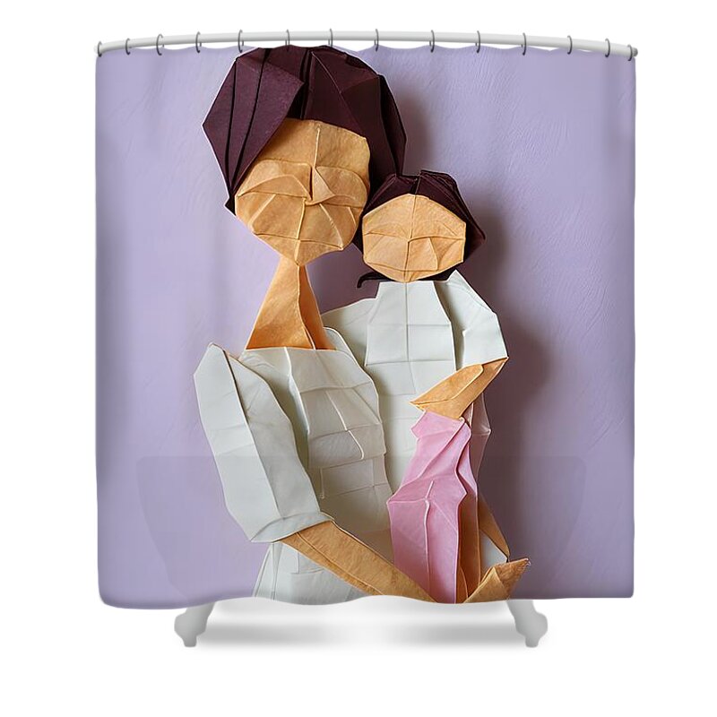 Origami Shower Curtain featuring the mixed media Fold Your Way to Love - Origami-Style Mom and Daughter by Artvizual Premium