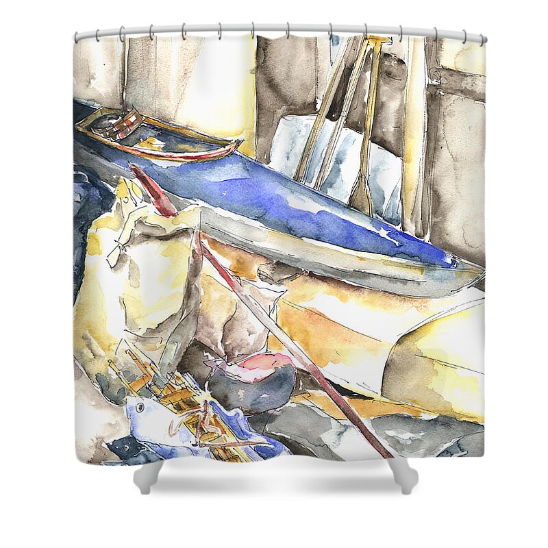 Kayak Shower Curtain featuring the painting Folding Boats In Winter Dormancy by Barbara Pommerenke