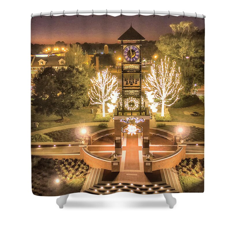 Foley Shower Curtain featuring the photograph Foley Clock Tower - Christmas by Gulf Coast Aerials -
