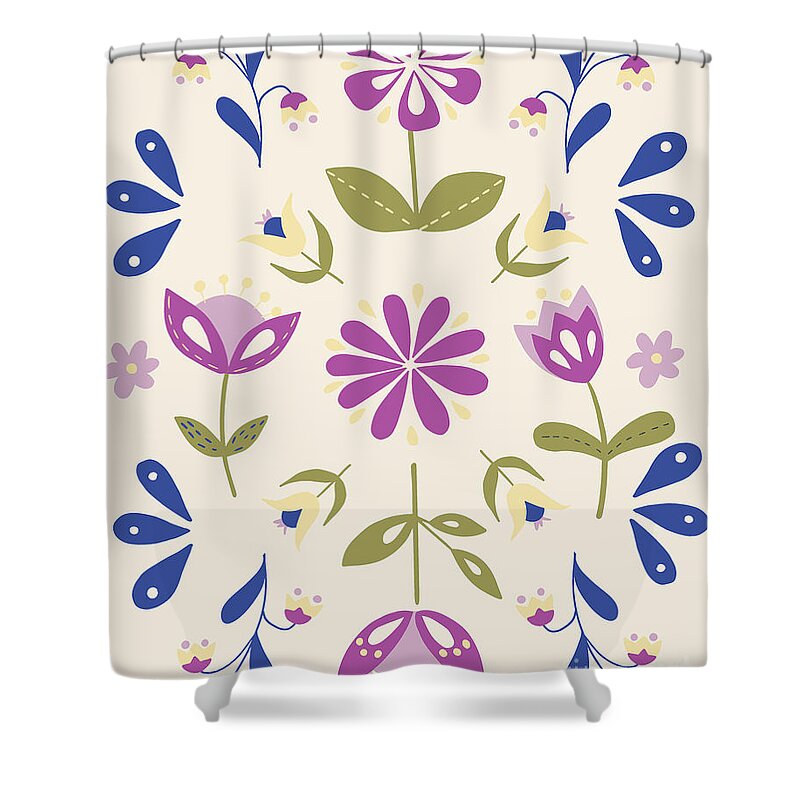 Folk Flowers Shower Curtain featuring the digital art Folk Flower Pattern in Beige and Purple by Ashley Lane