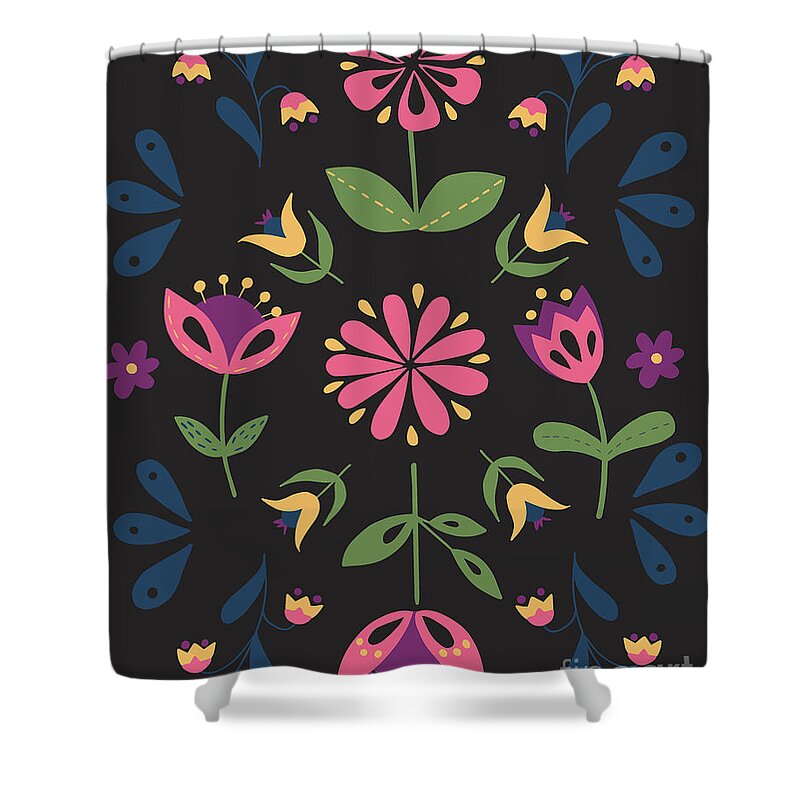 Folk Flowers Shower Curtain featuring the painting Folk Flower Pattern in Black and Pink by Ashley Lane