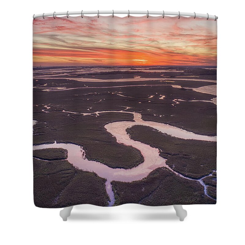 Folly Beach Tidal Marsh Sunset Shower Curtain featuring the photograph Folly Beach Tidal Marsh Sunset by Dustin K Ryan