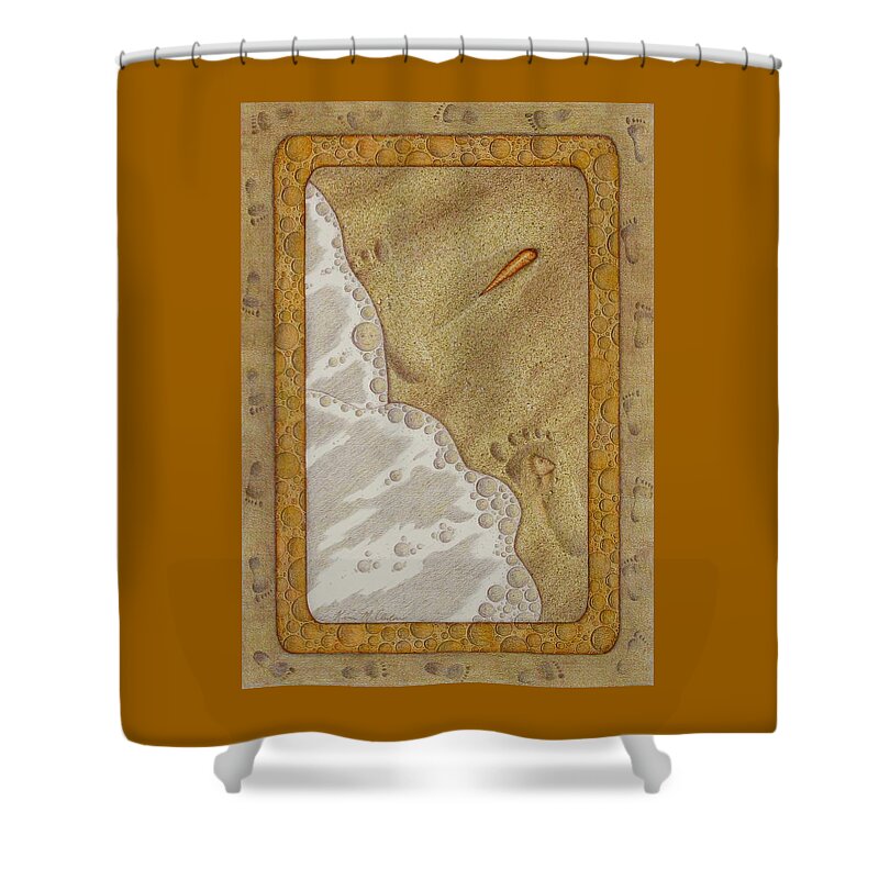 Kim Mcclinton Shower Curtain featuring the painting Washed Away- Footprints, Foam, and Fate by Kim McClinton