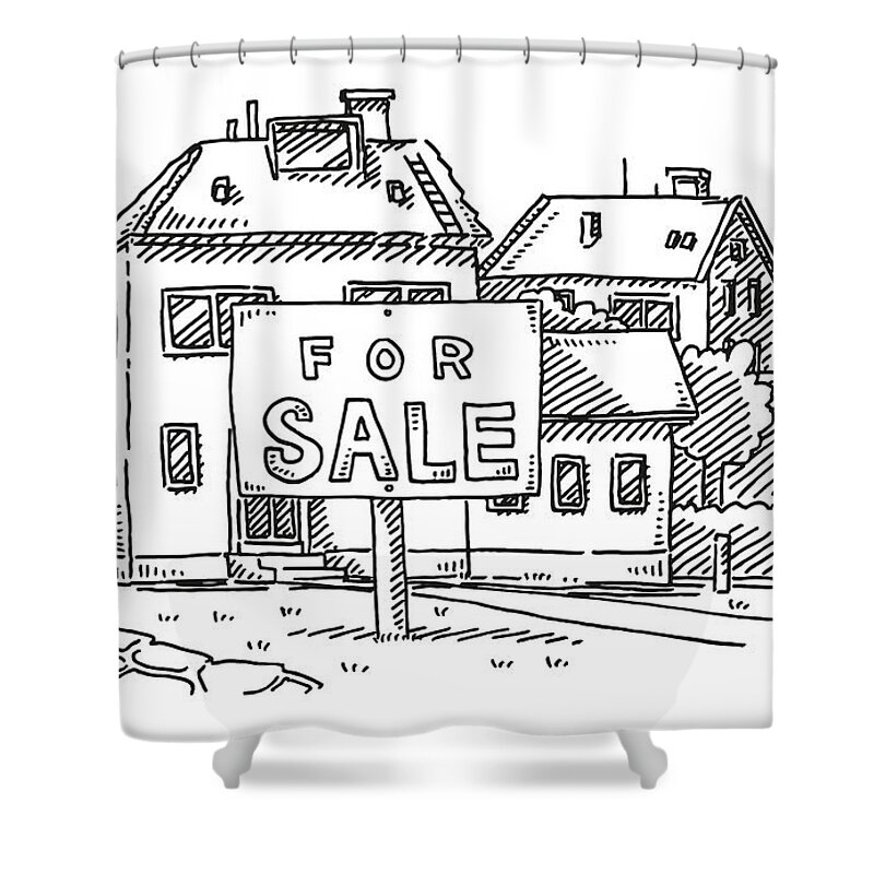 Sketch Shower Curtain featuring the drawing For Sale Sign In Front Of Building Real Estate Drawing by Frank Ramspott