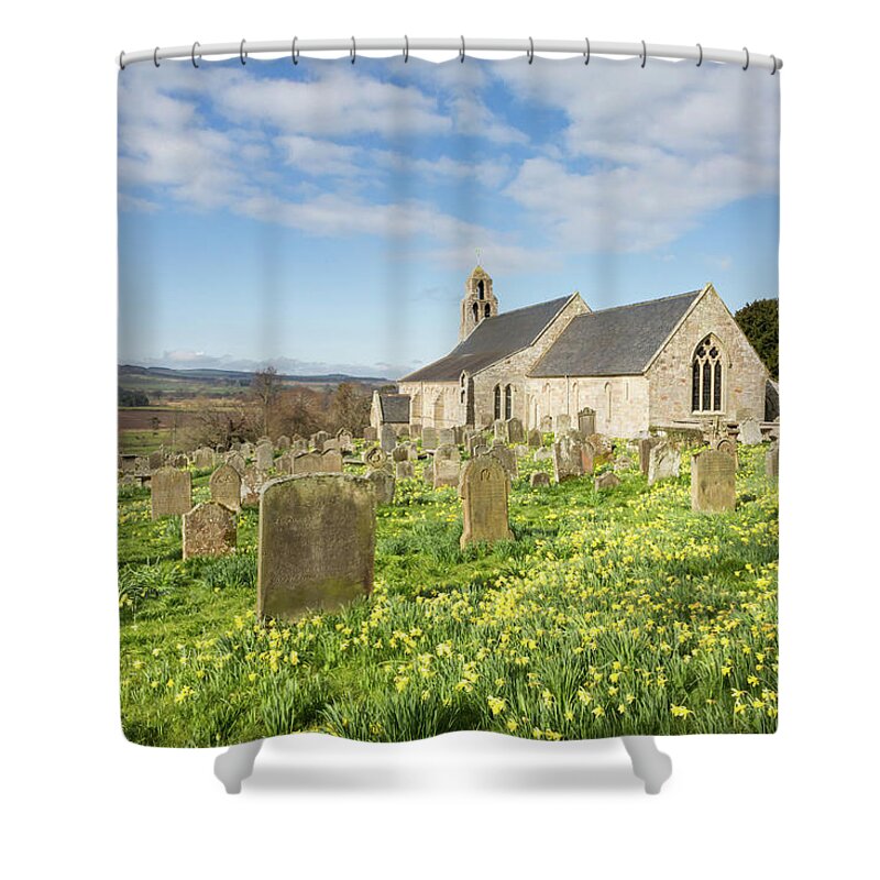 Church Shower Curtain featuring the photograph Ford Church with Daffodils by Anita Nicholson