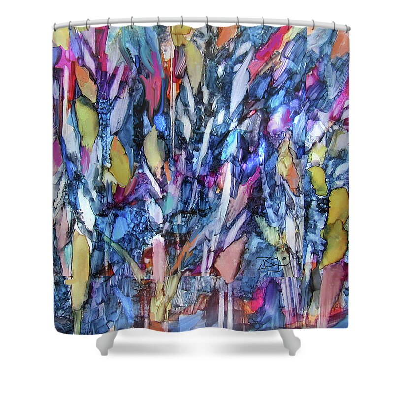 Abstract Forest Shower Curtain featuring the painting Forest 17 by Jean Batzell Fitzgerald
