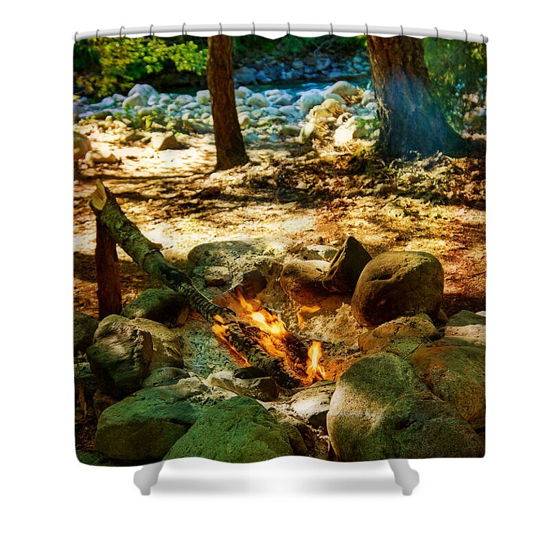Camp Fire Shower Curtain featuring the photograph Forest camp fire, North Cascades National Park by Tatiana Travelways