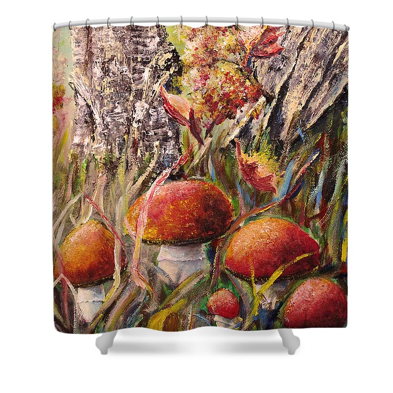 Mushrooms Shower Curtain featuring the painting Forest by Medea Ioseliani