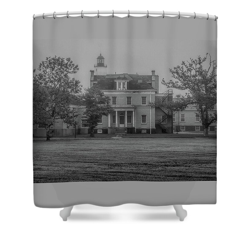 New Jersey Shower Curtain featuring the photograph Fort Hancock YMCA Building On A Misty Morn by Kristia Adams