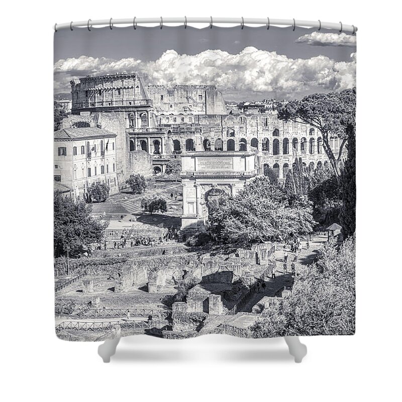 Italian Scene Shower Curtain featuring the photograph Forum Romanum with The Colosseum in the background BW by Stefano Senise