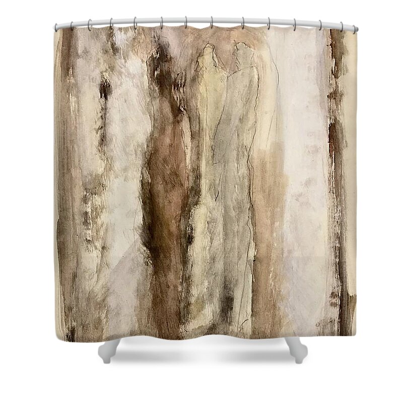 Brown Shower Curtain featuring the painting We are gathered here by David Euler