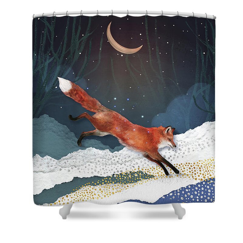 Fox And Moon Shower Curtain featuring the painting Fox And Moon by Garden Of Delights