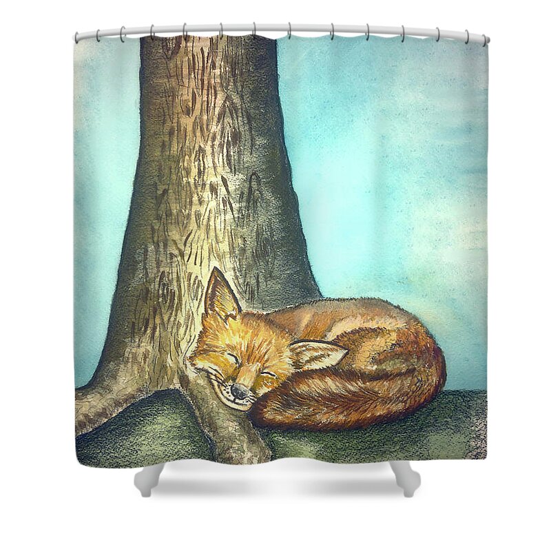 Nature Shower Curtain featuring the painting Fox And Tree by Christina Wedberg
