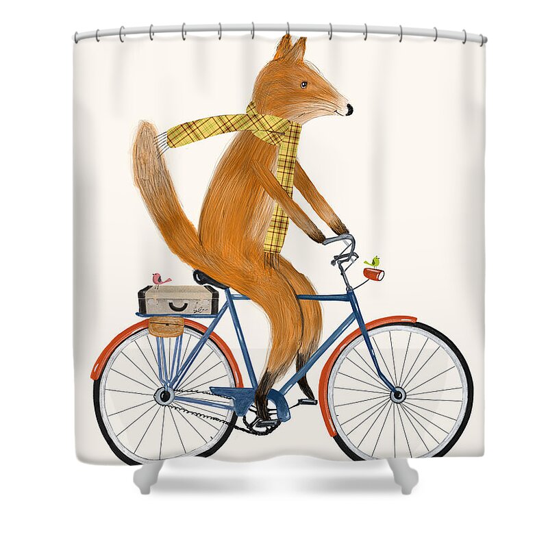 Fox Shower Curtain featuring the painting Fox Bicycle by Bri Buckley