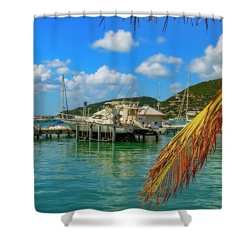 Color; Skies; Clouds; Water; Trees; Landscape Shower Curtain featuring the photograph Framing a Boat by AE Jones