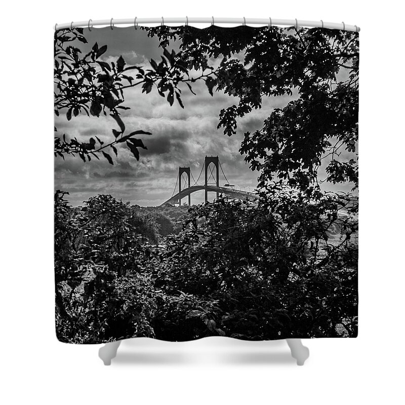 Claiborne Pell Bridge Shower Curtain featuring the photograph Framing the bridge by Jim Feldman