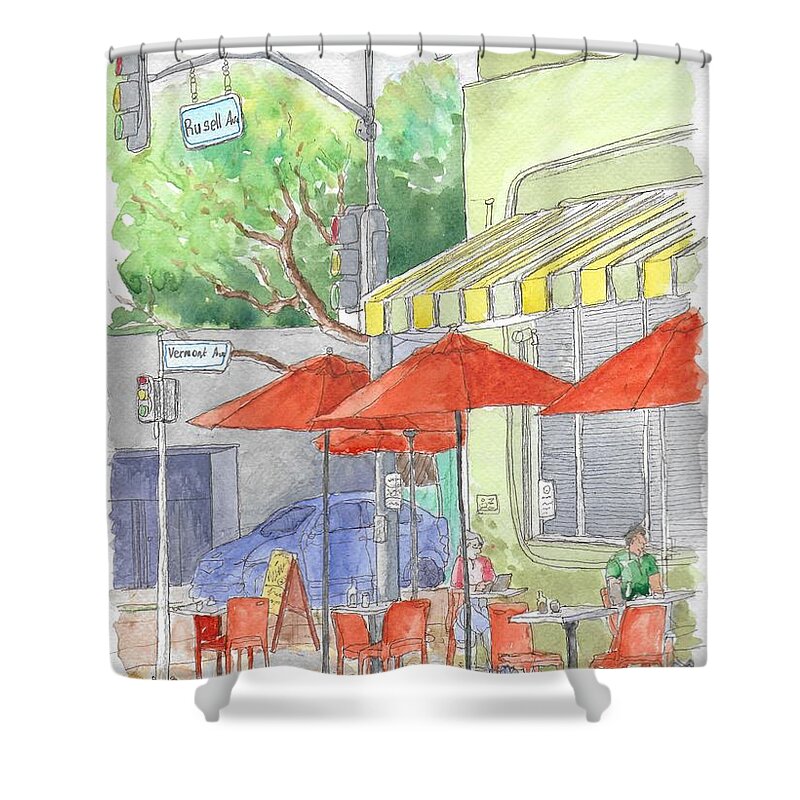 Fred 62 Shower Curtain featuring the painting Fred 62 Cafe in Los Feliz, California by Carlos G Groppa