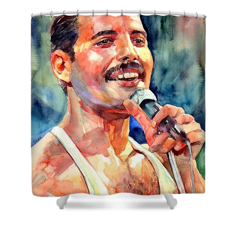 Freddie Mercury Shower Curtain featuring the painting Freddie Mercury Live Aid by Suzann Sines