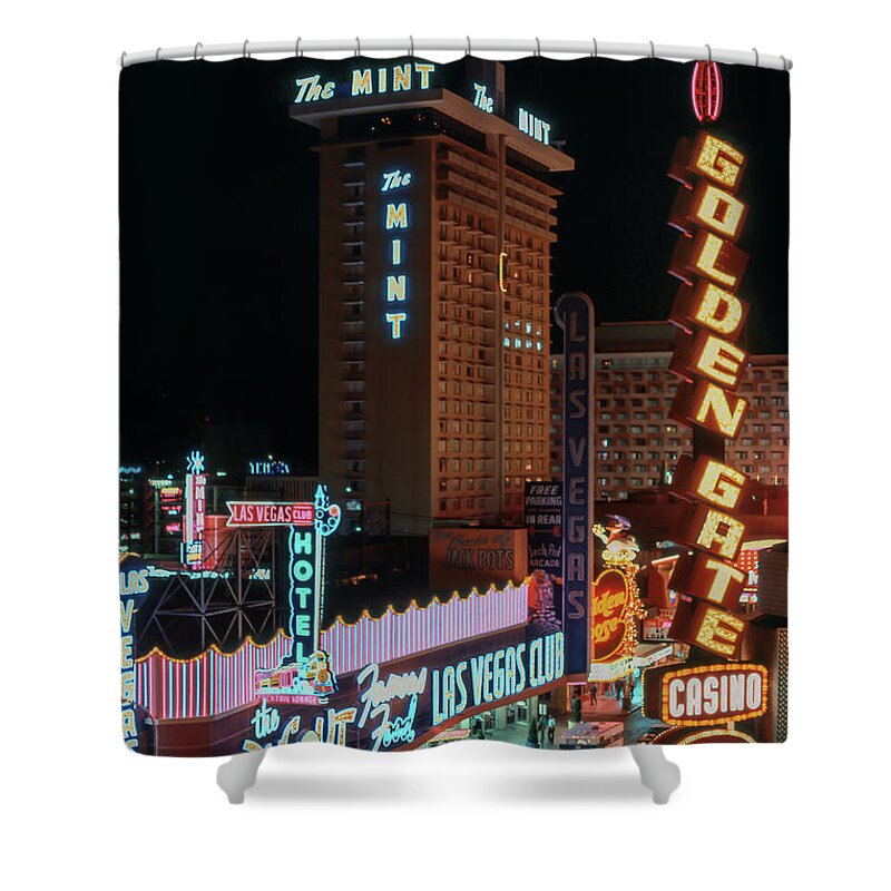 Las Vegas Club Shower Curtain featuring the photograph Fremont Street Las Vegas Club The Mint Night Elevated 1975 by Aloha Art