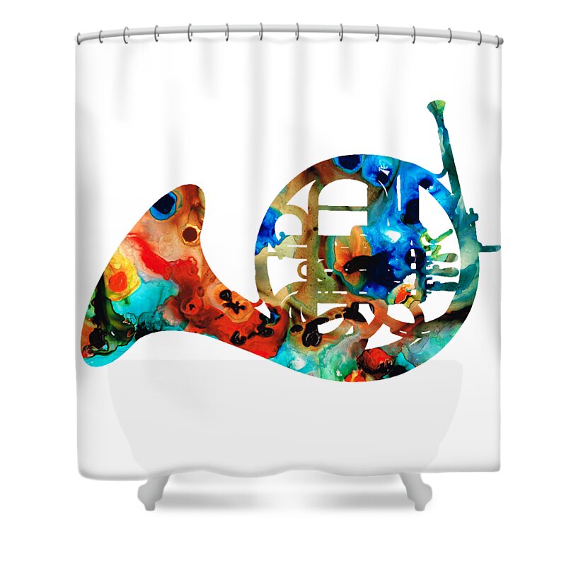 French Horn Shower Curtain featuring the painting French Horn - Colorful Music by Sharon Cummings by Sharon Cummings