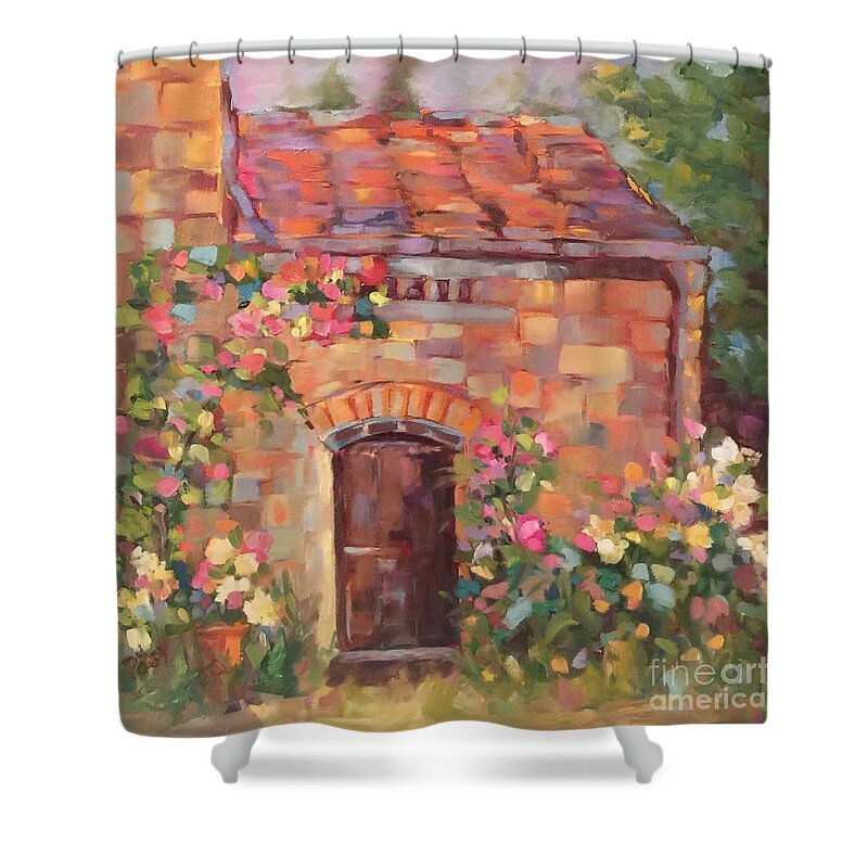 France Tiled Roof Villa Old Door Roses Vines Shower Curtain featuring the painting French Villa by Patsy Walton