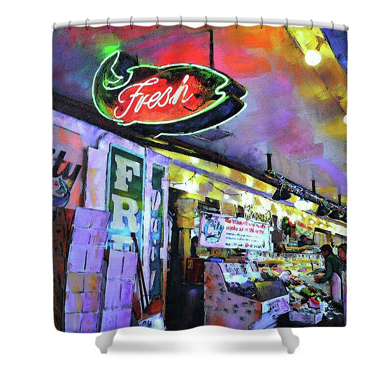 Fish Shower Curtain featuring the mixed media Fresh Fish by Sarah Ghanooni