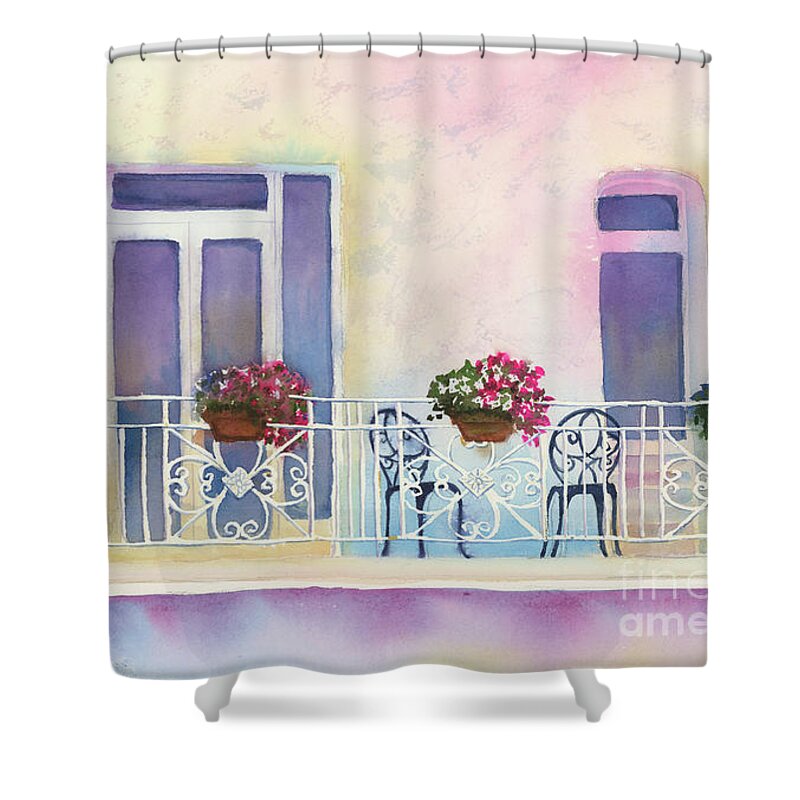 Watercolor Painting Shower Curtain featuring the painting Fresh Winds Balcony by Amy Kirkpatrick