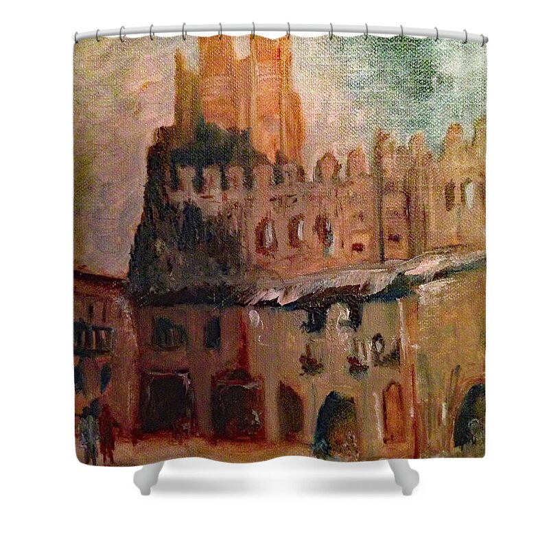 Frias Castle Shower Curtain featuring the painting Frias Castle by Roxy Rich