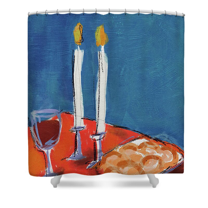 Shabbat Shower Curtain featuring the mixed media Friday Night Lights- Art by Linda Woods by Linda Woods