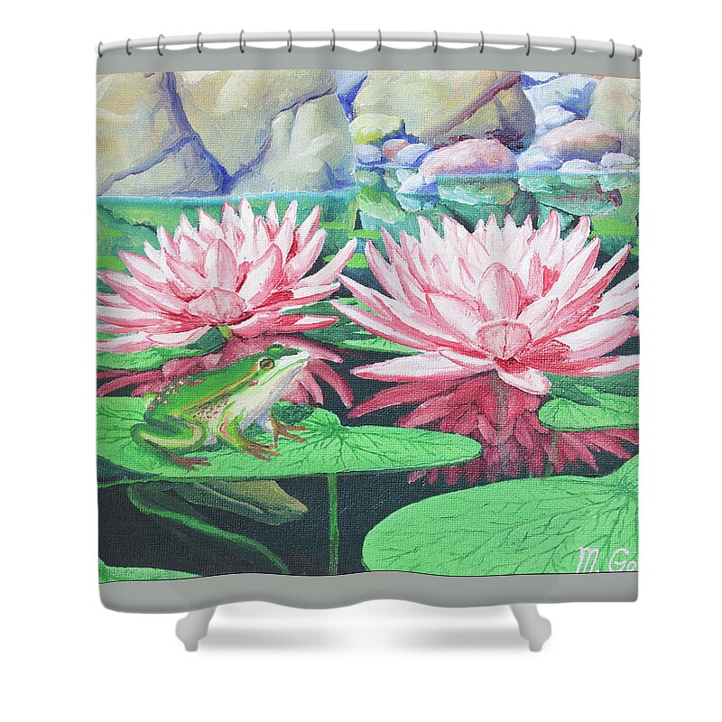 Frog Shower Curtain featuring the painting Frog with Waterlilies by Michael Goguen
