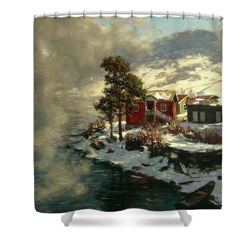 Andreas Disen Shower Curtain featuring the painting From Vikersund, 1909 by O Vaering by Andreas Disen