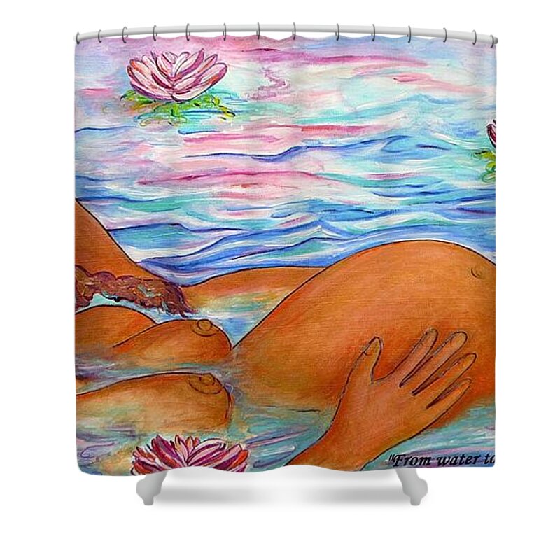 Waterbirth Shower Curtain featuring the painting From water to water by Gioia Albano
