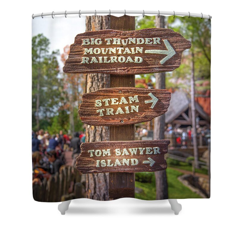Magic Kingdom Shower Curtain featuring the photograph Frontierland Sign by Mark Andrew Thomas