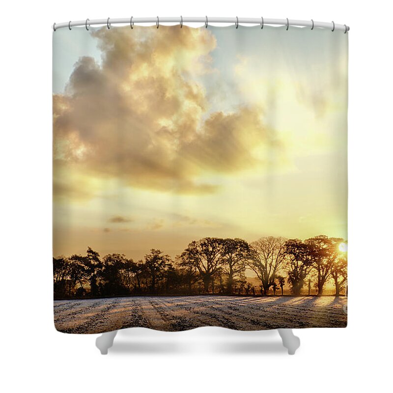 Landscape Shower Curtain featuring the photograph Norfolk frosty farmland sunrise by Simon Bratt