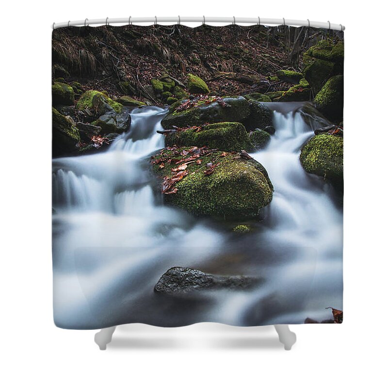 Splash Shower Curtain featuring the photograph Frosty waterfall Tosanovsky in autumn colours by Vaclav Sonnek