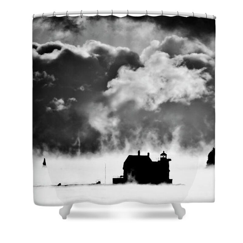 Breakwater Lighthouse Shower Curtain featuring the photograph Frozen in Time by Jeff Cooper