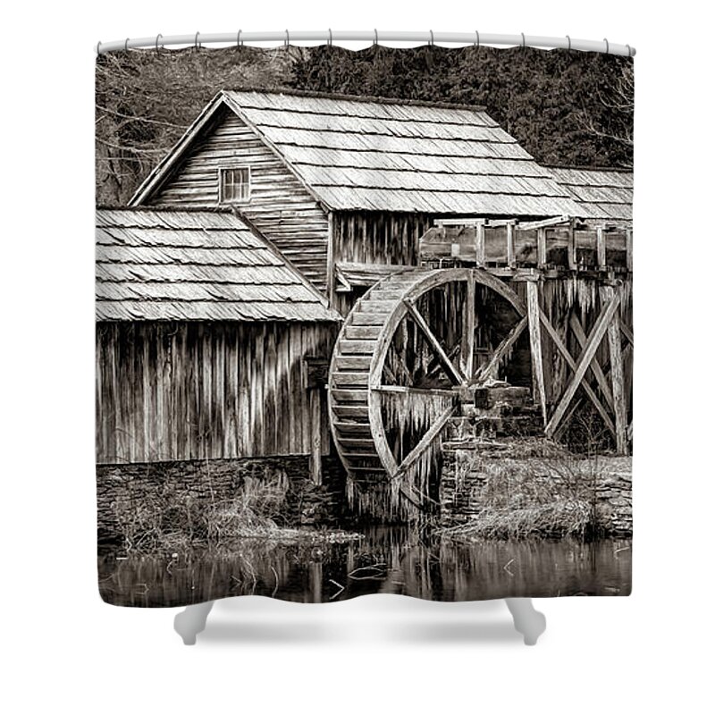 America Shower Curtain featuring the photograph Frozen Mabry Mill Sepia Panorama - Virginia Blue Ridge Parkway by Gregory Ballos